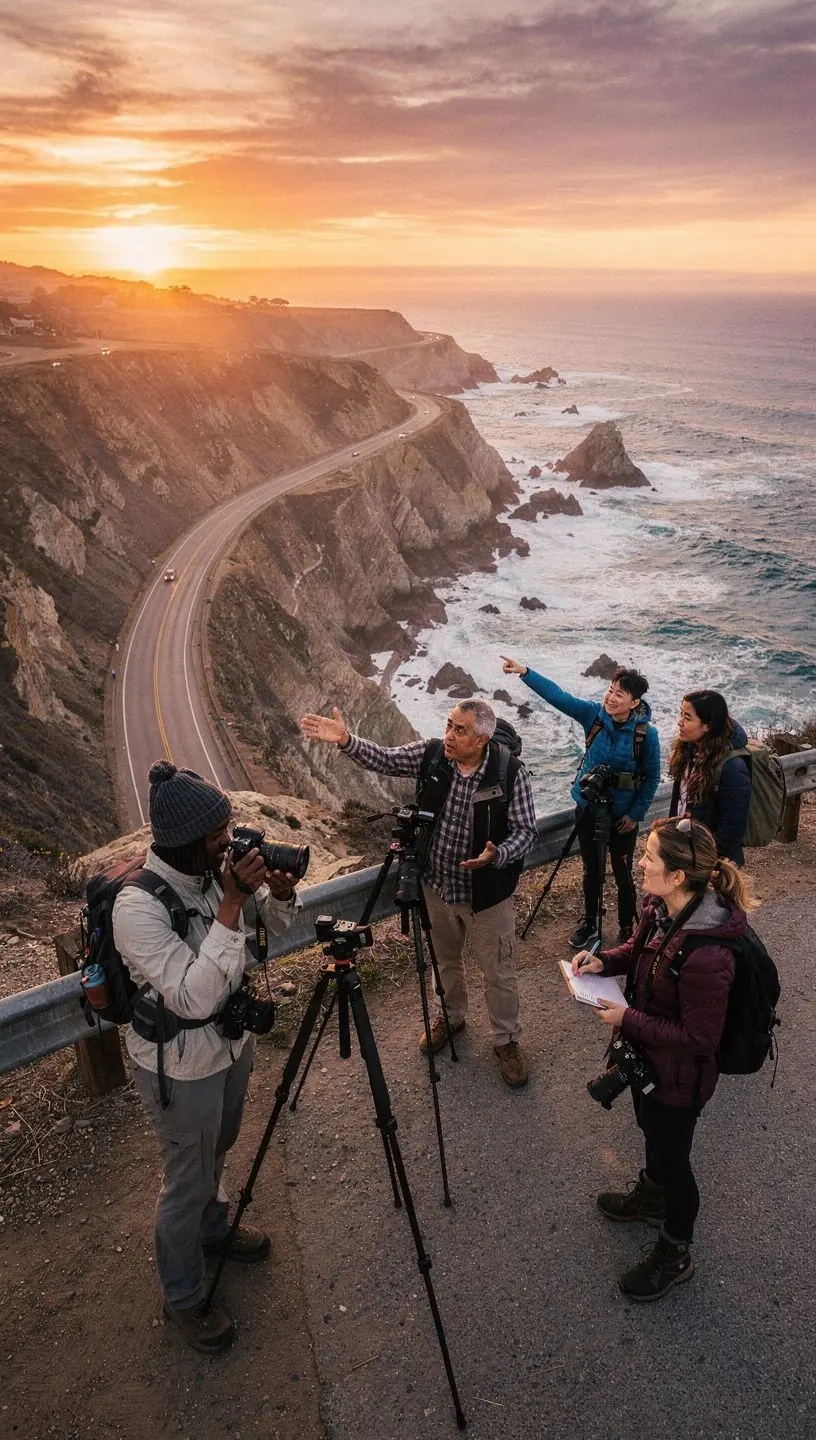 Photographer setting up tripod on coastal cliffside for golden hour shots of crashing ocean waves.
